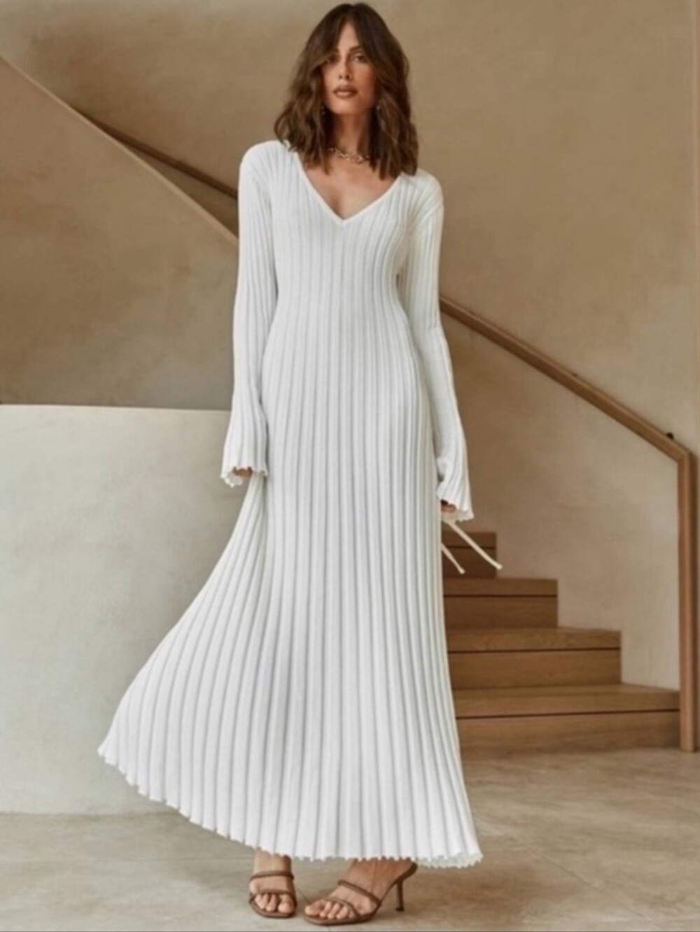 DISSH Reign Dress White Ribbed Maxi Long Sleeve Tie Bridal Minimalist Size XL